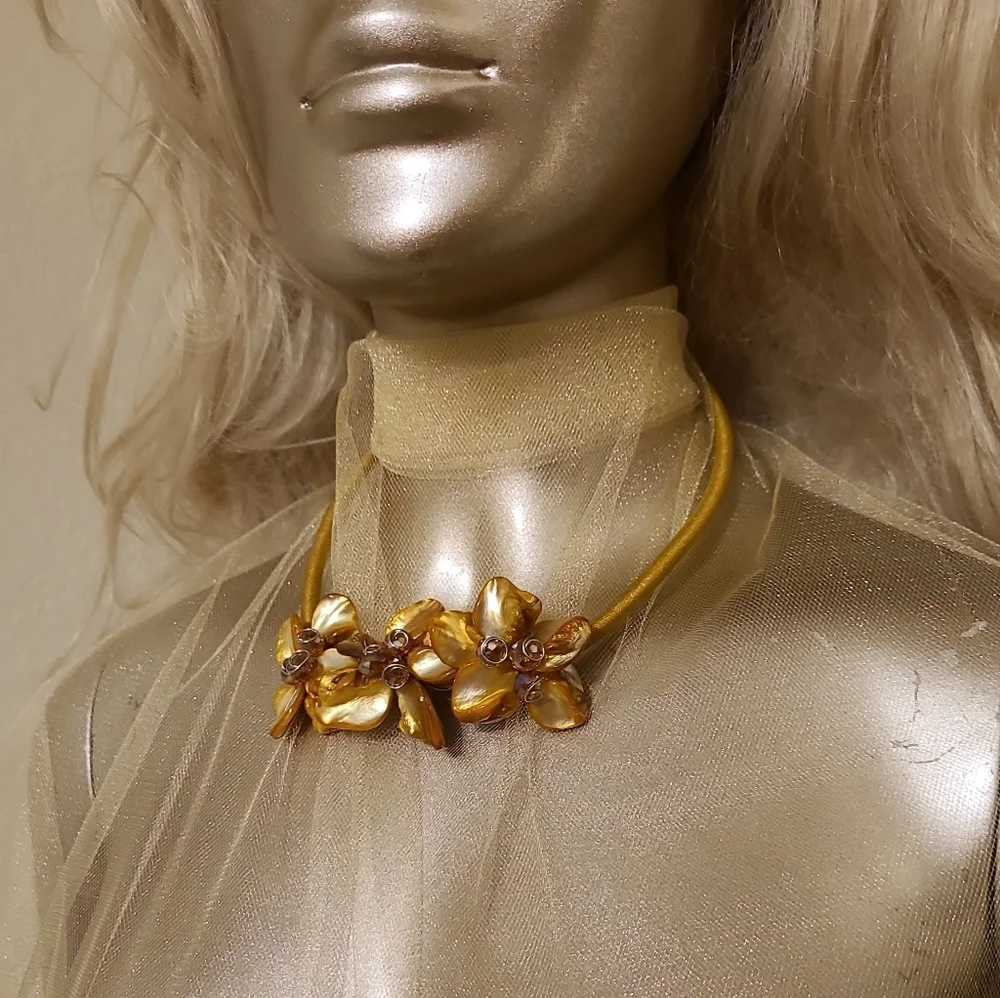 Vintage Handcrafted Golden Dahlia Flower Crystal Beaded Silk Statement N…
